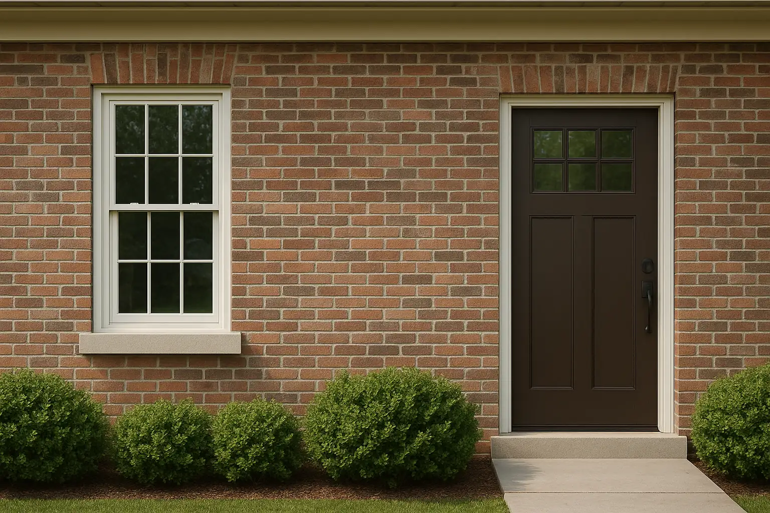 Brick home facade with new white double-hung replacement windows and craftsman entry door