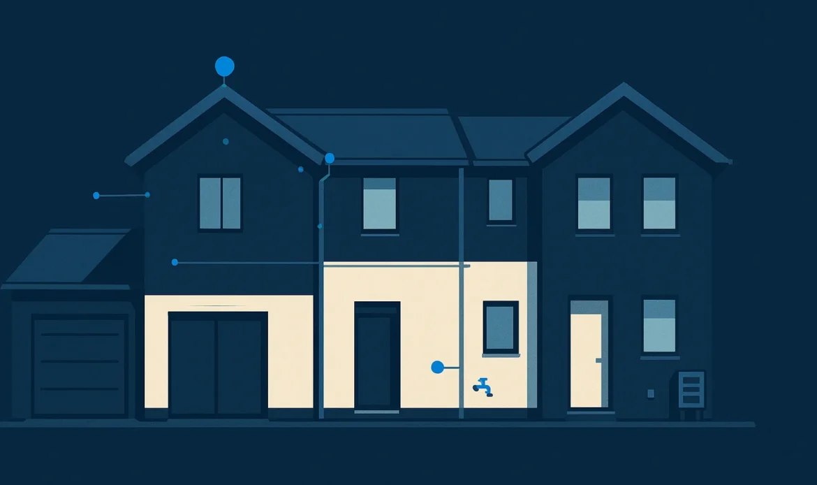 Illustration of a multi unit property elevation with roof, gutter, hose bib, and mechanical points marked as geometric nodes.