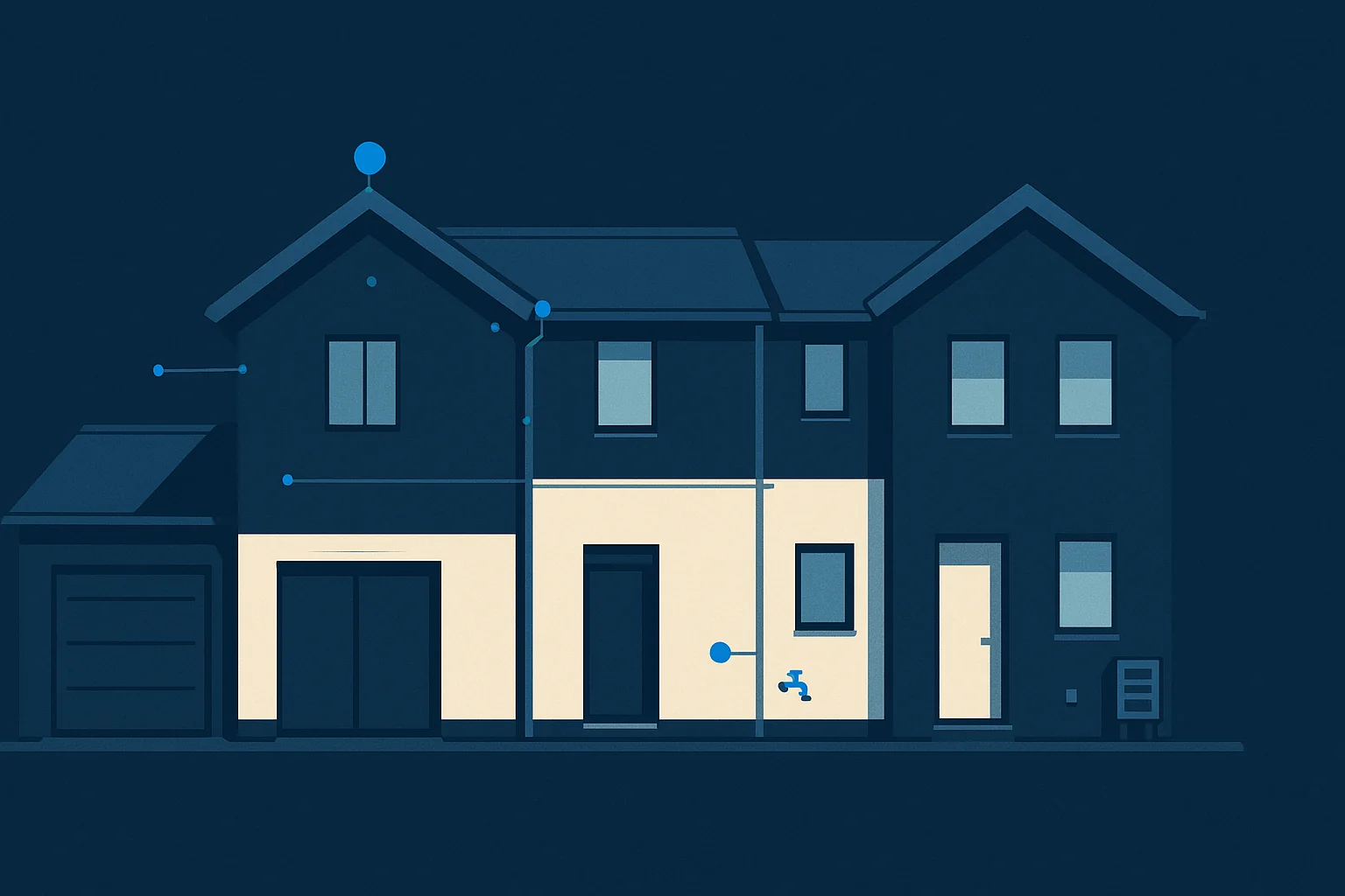 Illustration of a multi unit property elevation with roof, gutter, hose bib, and mechanical points marked as geometric nodes.